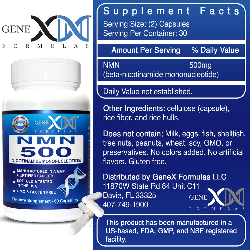Genex Formulas NMN 500mg label with COA communicates quality and transparency.