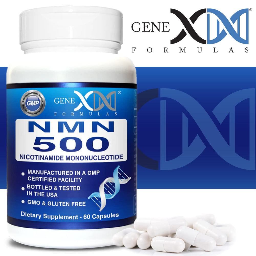 Genex Formulas NMN 500mg vegan non-GMO badge on packaging.