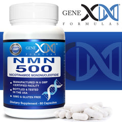 Genex Formulas NMN 500mg vegan non-GMO badge on packaging.
