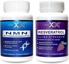 Genex Formulas NMN and Resveratrol duo bottle highlights stabilized packaging for freshness