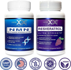 Genex Formulas NMN and Resveratrol label shows ingredients and quality standards