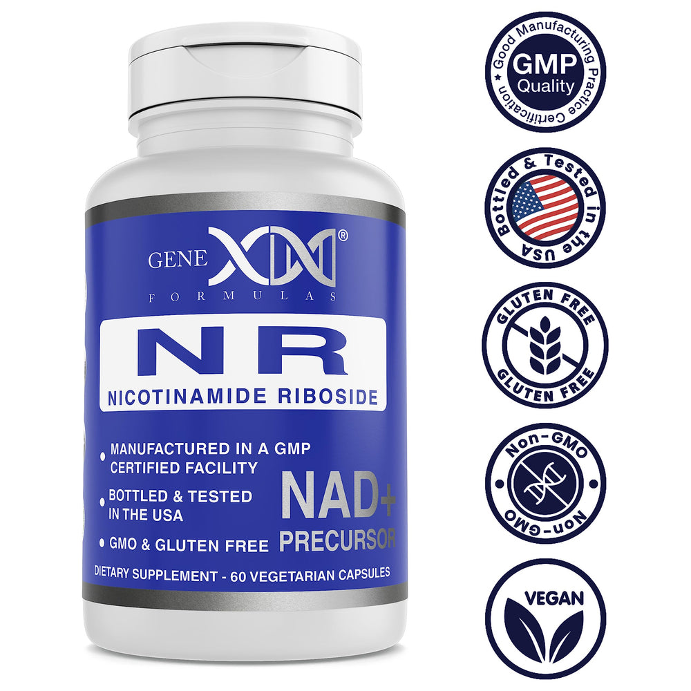 Genex Formulas NR bottle in hand suggests portable, on-the-go supplementation.