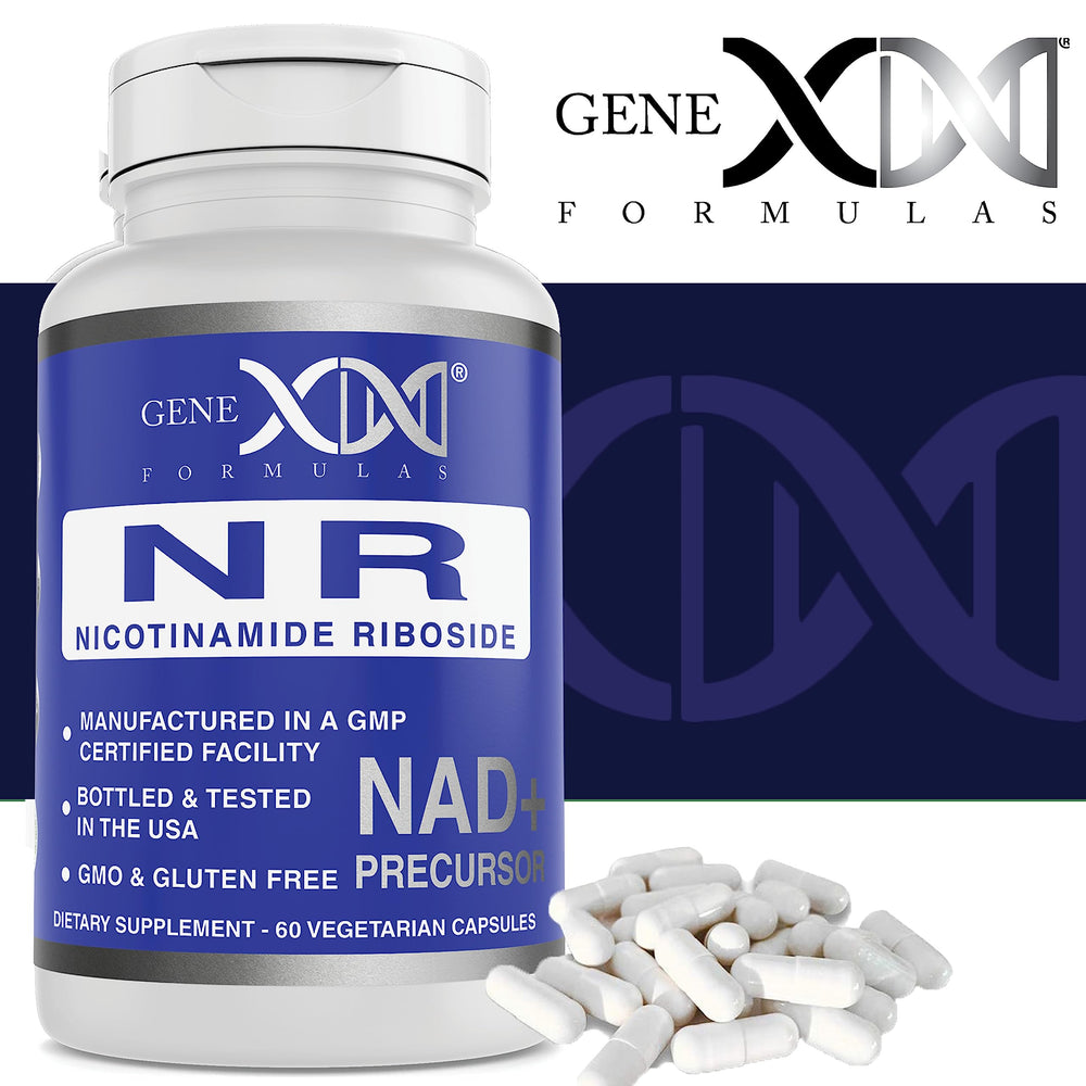 Genex Formulas NR bottle on desk with glasses for routine use.