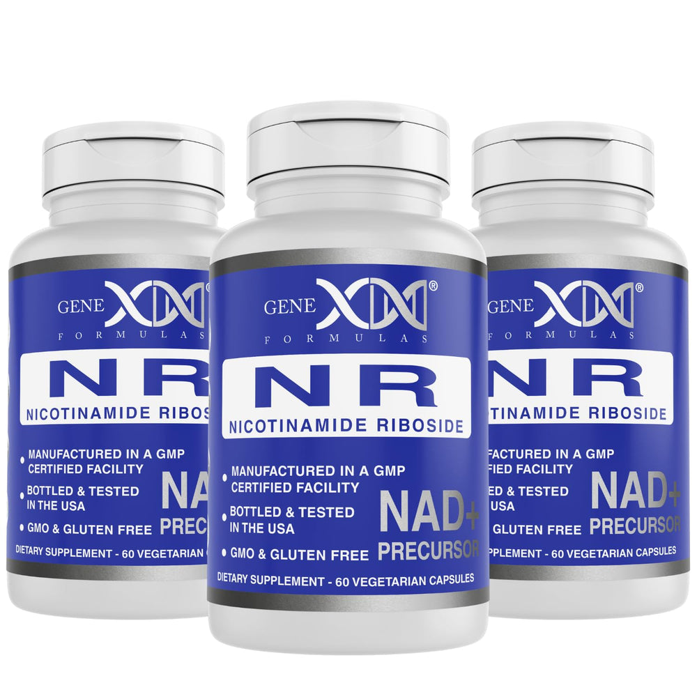 Genex Formulas NR bottle and packaging showing GMP-certified NAD+ support.