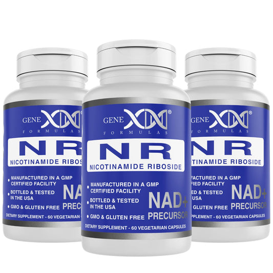 Genex Formulas NR bottle and packaging showing GMP-certified NAD+ support.