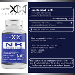 Genex Formulas NR capsules close-up highlighting 300 mg per serving for energy support.