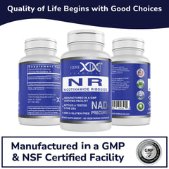 Genex Formulas NR packaging in a clean facility backdrop emphasizes quality.