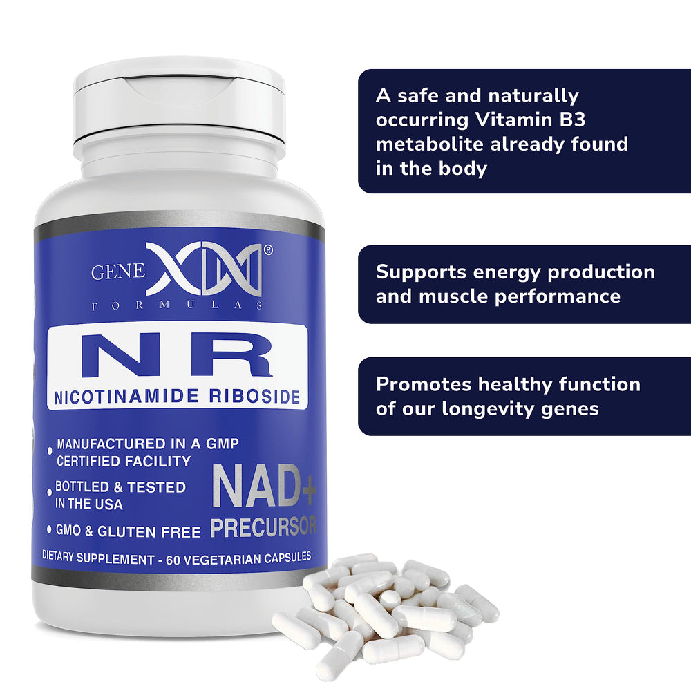 Genex Formulas NR bottle indicates non-GMO, gluten-free, and vegetarian formulation.