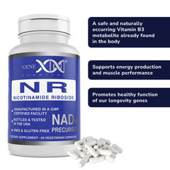 Genex Formulas NR bottle indicates non-GMO, gluten-free, and vegetarian formulation.