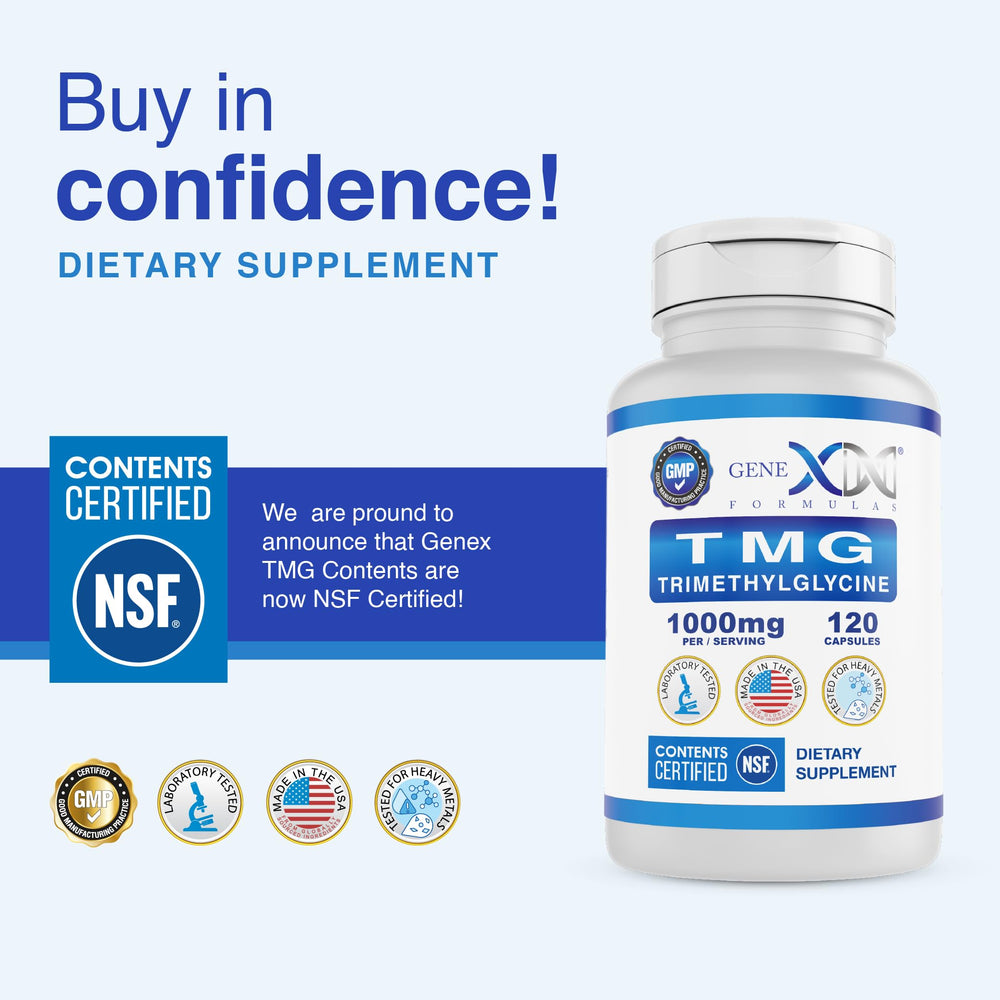 Genex Formulas TMG bottle back label highlights allergen-free, gluten-free, and vegan features