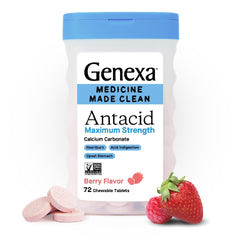 Genexa Antacid Maximum Strength bottle front view with clean, dye-free formula.