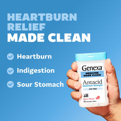 Genexa Antacid Maximum Strength bottle label shows vegan, gluten-free, non-GMO ingredients.