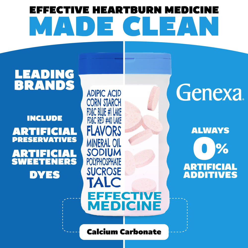 Genexa Antacid Maximum Strength tablets close-up highlighting chewable, quick-acting relief.