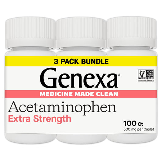 Genexa Clean Acetaminophen 500mg caplets in a bottle for dye-free relief.