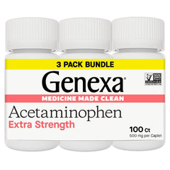 Genexa Clean Acetaminophen 500mg caplets in a bottle for dye-free relief.