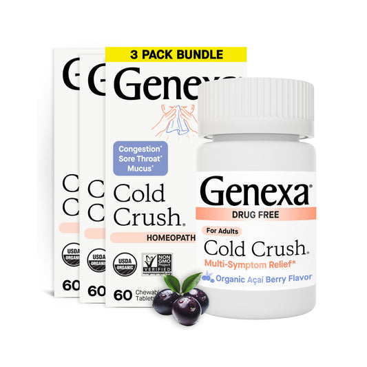 Genexa Cold Crush acai berry chewables bottle offers convenient, non-drowsy symptom support.