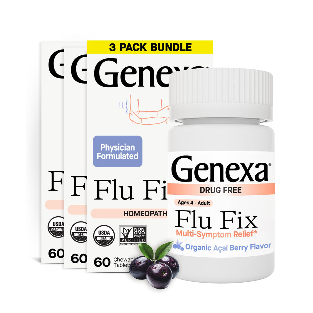Genexa Flu Fix chewables in acai berry flavor designed for kids and adults.