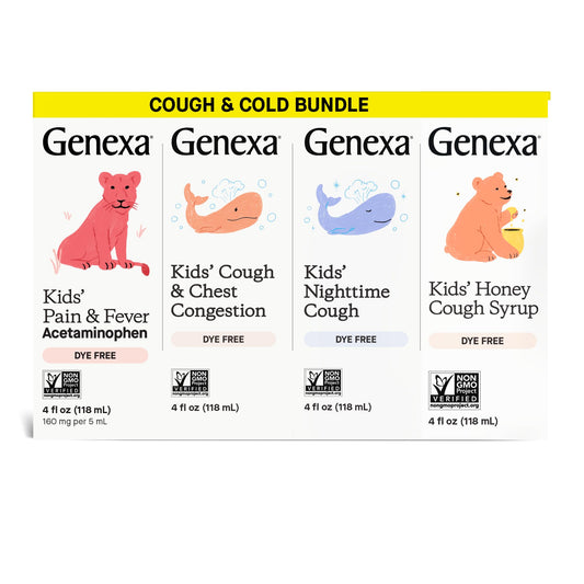 Genexa Kids Clean Cough Daytime Medicine bottle pour shows gentle, non-drowsy relief for active daytime use.