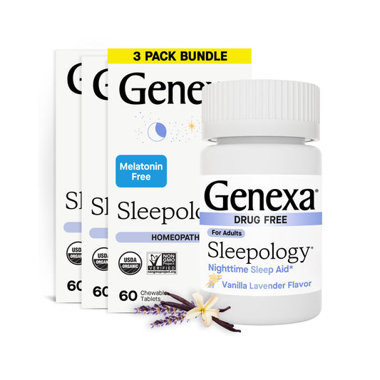 Genexa Sleepology bottle highlights melatonin-free sleep support in a convenient container.