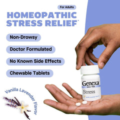 Genexa Stress chewable tablets vanilla-lavender for easy, on-the-go relaxation.