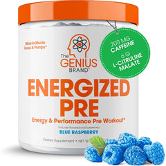 The Genius Brand Energized blue raspberry pre-workout tub with bold flavor and energy potential