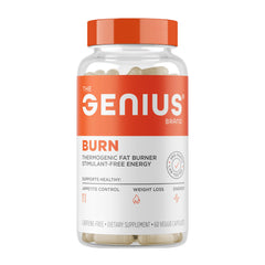 Genius Burn bottle front view, highlighting energy and focus support from The Genius Brand.