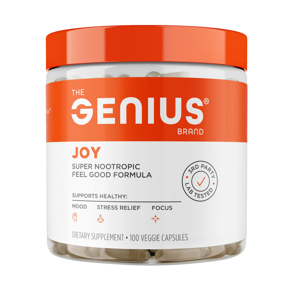Genius Joy capsules on bottle front for mood support potential