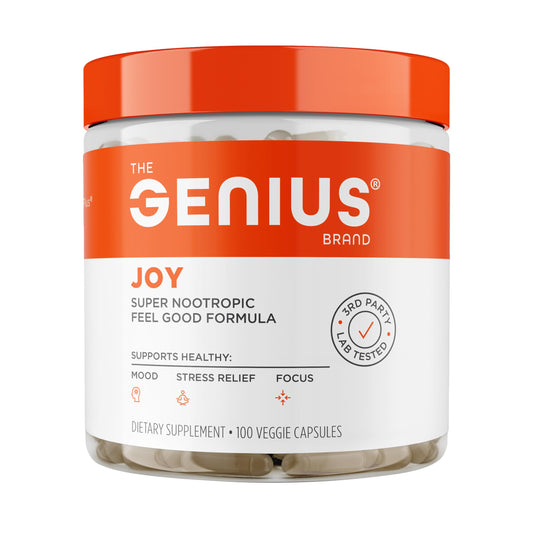 Genius Joy capsules on bottle front for mood support potential