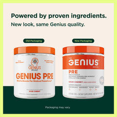 Genius Pre sour cherry powder shown with measuring scoop for easy, on-the-go fueling.