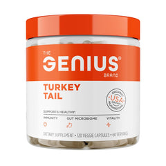 The Genius Brand Genius Turkey Tail bottle on table for daily energy and immune support.