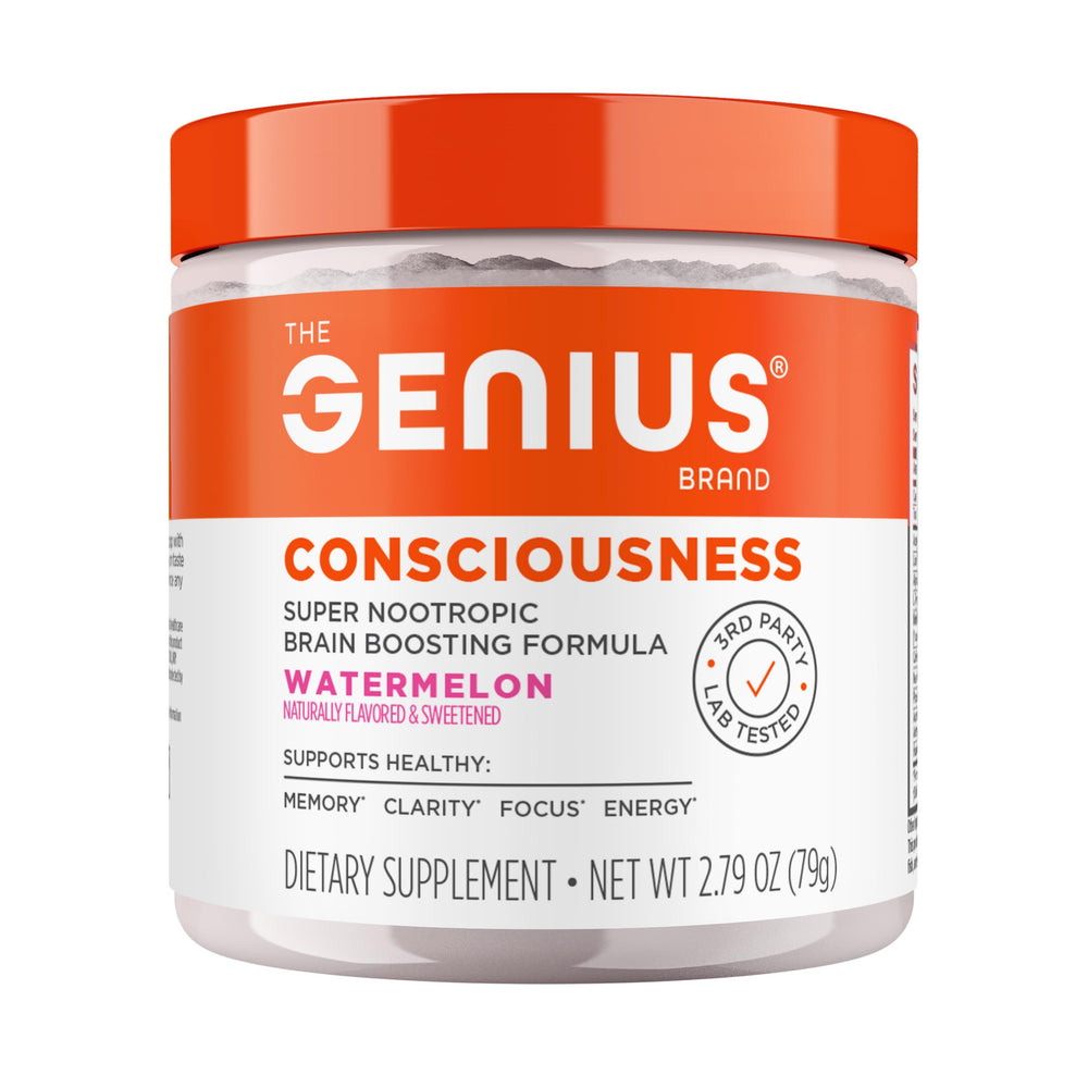 Genius Consciousness watermelon powder tub for daily focus and mental clarity.