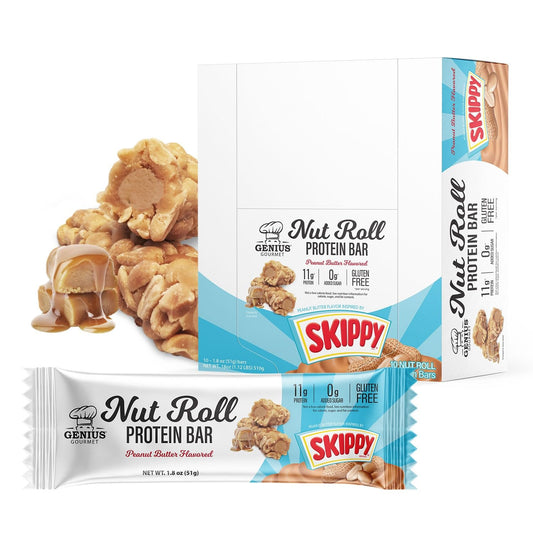 Genius Gourmet SKIPPY-inspired bar packaging for a convenient grab-and-go snack.