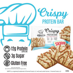 Genius Gourmet SKIPPY Crispy Bar in hand demonstrates portable protein snack.