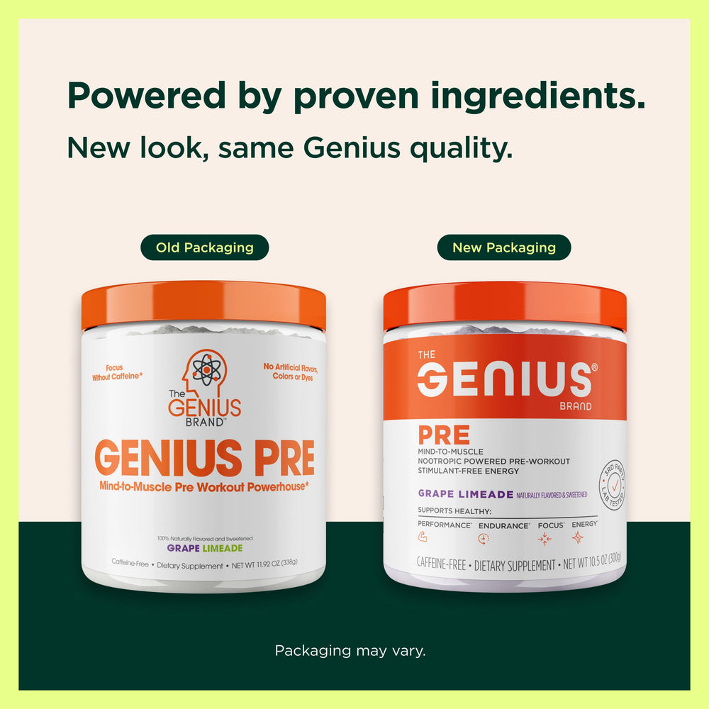 Genius Pre focus nootropic blend label shows mental clarity for workouts and work