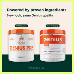 Genius Pre focus nootropic blend label shows mental clarity for workouts and work