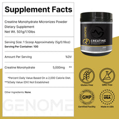 Genome Essentials creatine powder with scoop beside the container for easy dosing.