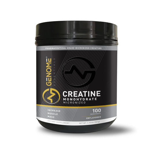 Genome Essentials premium creatine powder being poured for focused workouts.