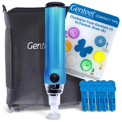 Genteel Plus Butterfly Blue device close-up highlighting ergonomic design for comfortable testing.