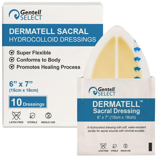 Gentell Select Dermatell hydrocolloid dressing on sacral buttocks supports moist healing.