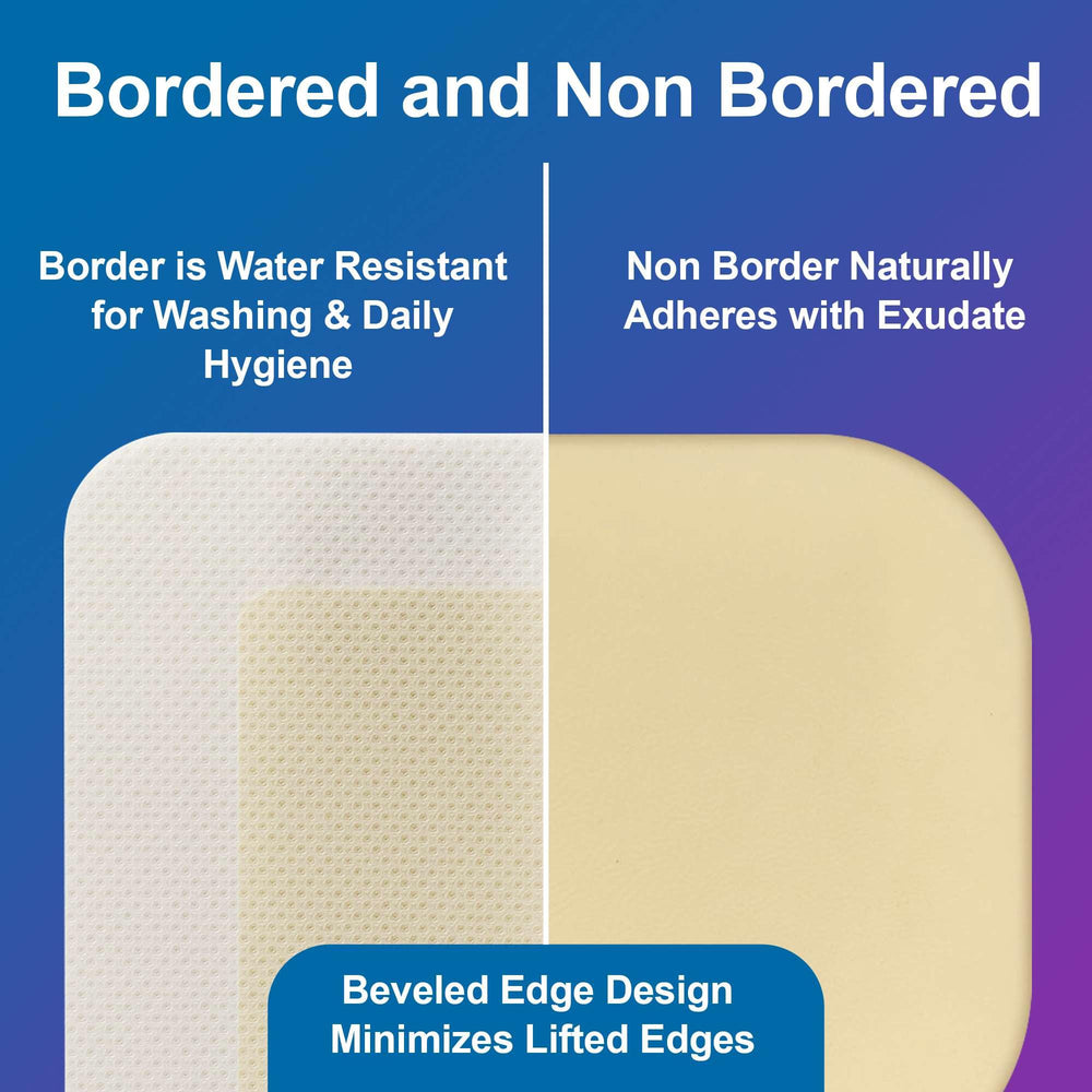 Large Dermatell hydrocolloid dressing with beveled edge reduces lifting.