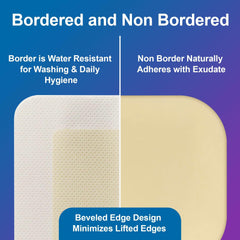 Large Dermatell hydrocolloid dressing with beveled edge reduces lifting.