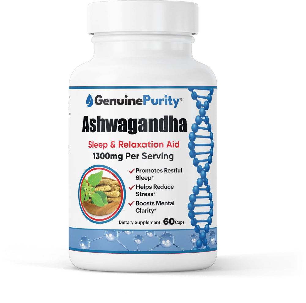 GenuinePurity Ashwagandha bottle pour shows easy daily dosing for stress-friendly routines.