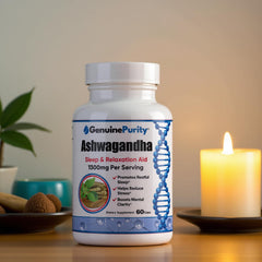 GenuinePurity Ashwagandha ingredients label highlights organic sourcing and vegan capsules.