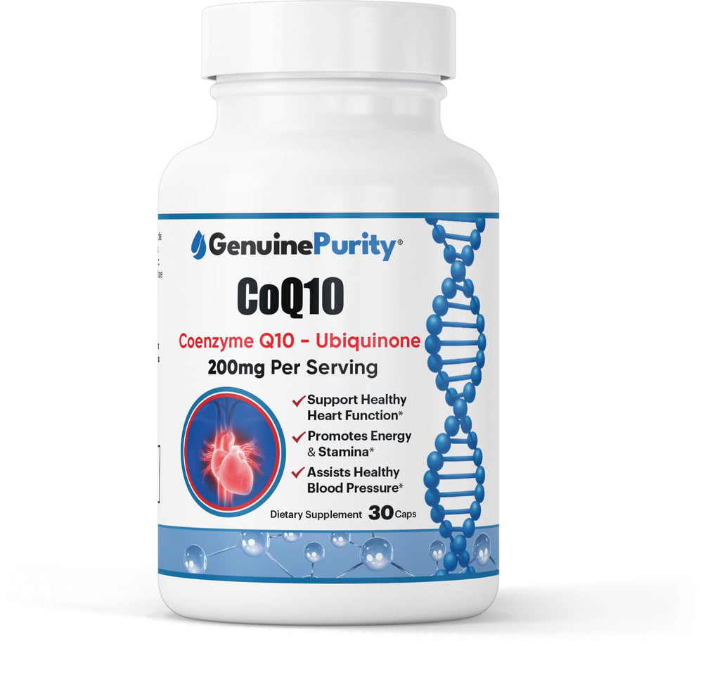 GenuinePurity CoQ10 200mg bottle supporting daily heart health and energy