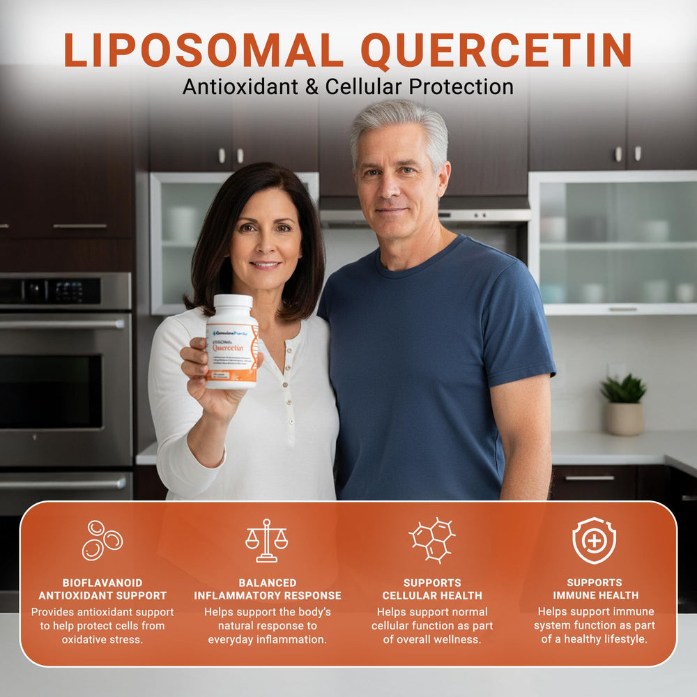 GenuinePurity Liposomal Quercetin bottle with label, highlighting vegan, gluten-free quality