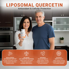 GenuinePurity Liposomal Quercetin bottle with label, highlighting vegan, gluten-free quality