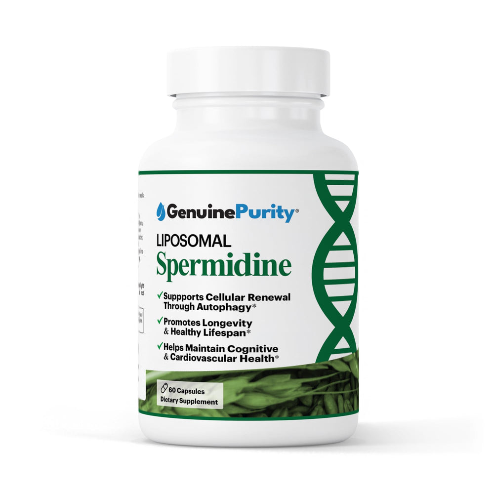 GenuinePurity Liposomal Spermidine 8mg bottle front highlights vegan, gluten-free formula for daily cellular support.