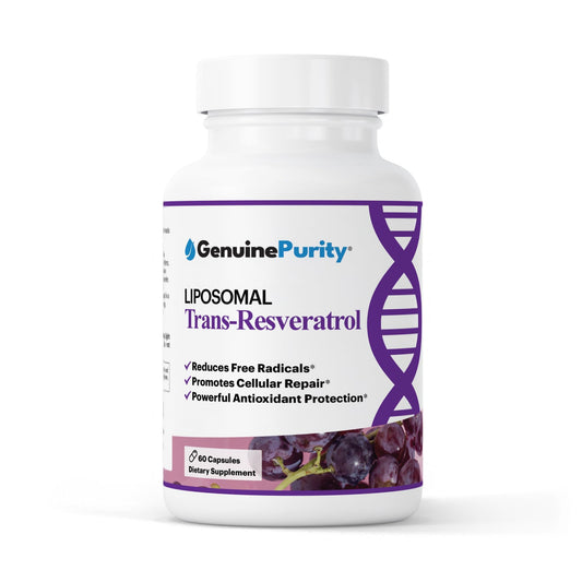 GenuinePurity liposomal Trans-Resveratrol bottle demonstrates enhanced absorption for daily vitality.