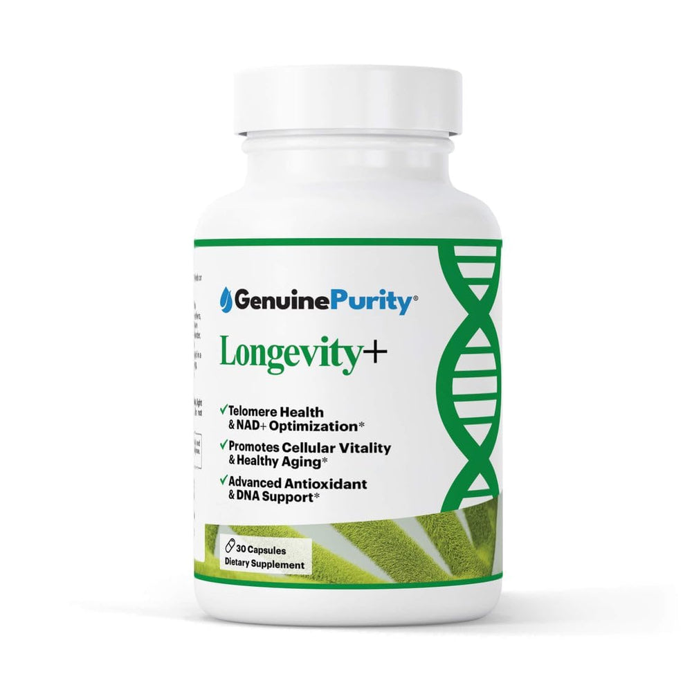GenuinePurity Longevity+ bottle on a clean surface signaling daily cellular wellness.
