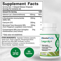 GenuinePurity Longevity+ capsules ready for daily energy and focus.